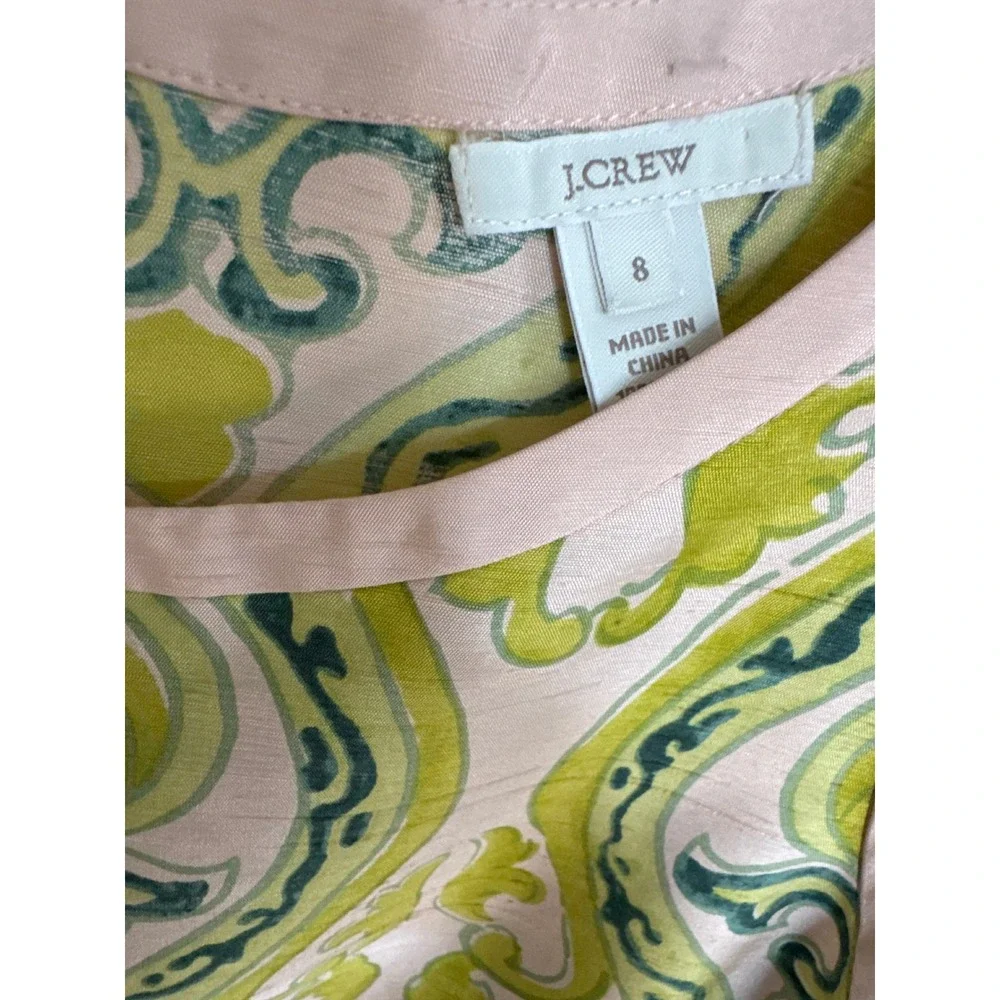 J.Crew silk shell top soft pink base ornate green filigree scroll print size 8